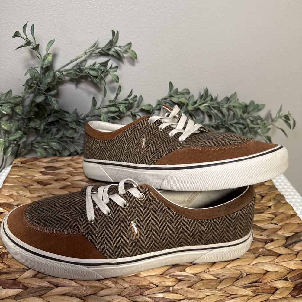 Polo Ralph Lauren Faxon X Brown Herringbone Wool Blend Tweed Sneakers Mens Sz 10